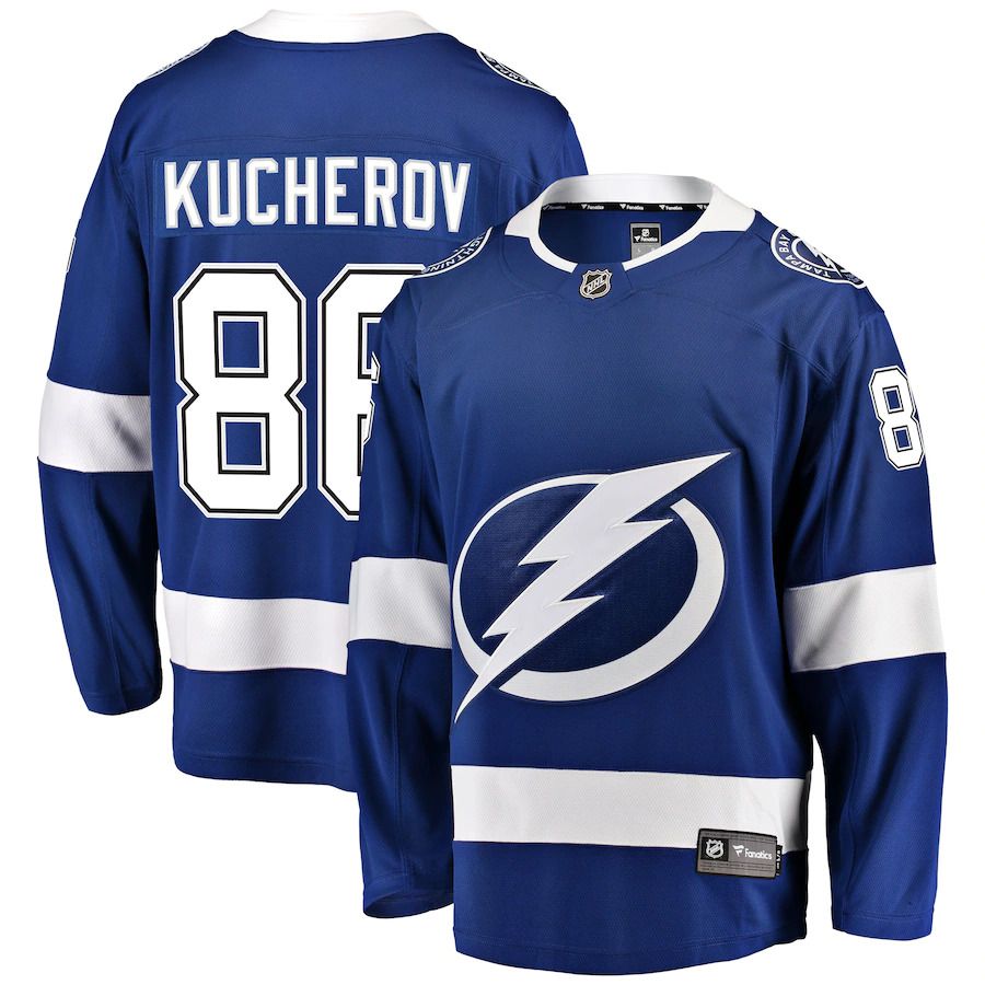 Men Tampa Bay Lightning #86 Nikita Kucherov Fanatics Branded Blue Home Breakaway Player NHL Jersey